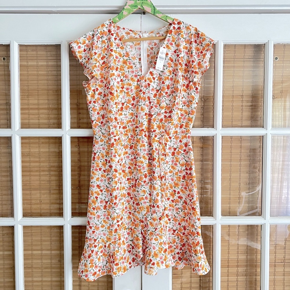 LOFT Floral V-Neck Ruffle Sleeve Dress in Orange, Pink and Green